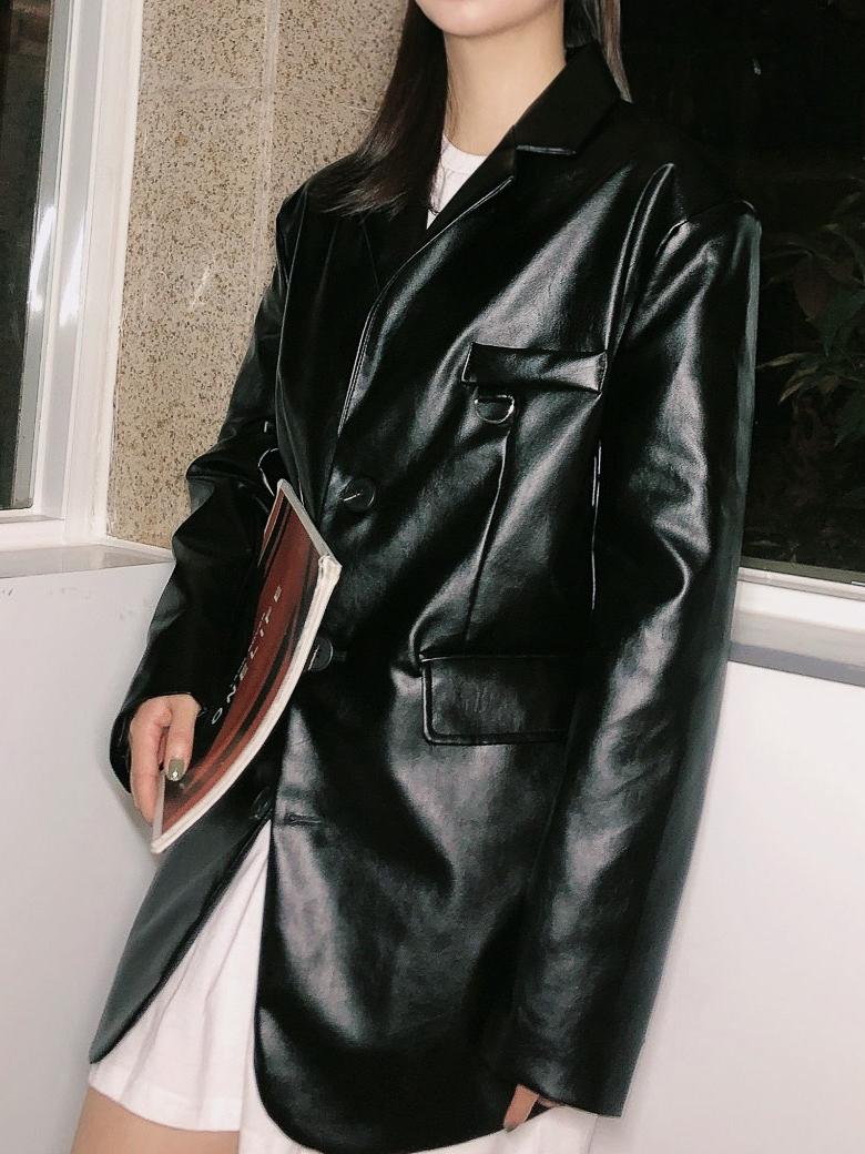 

Molly handsome Street locomotive leather suit 2020 new shoulder pad leather thin split small suit jackets coat coats, Black