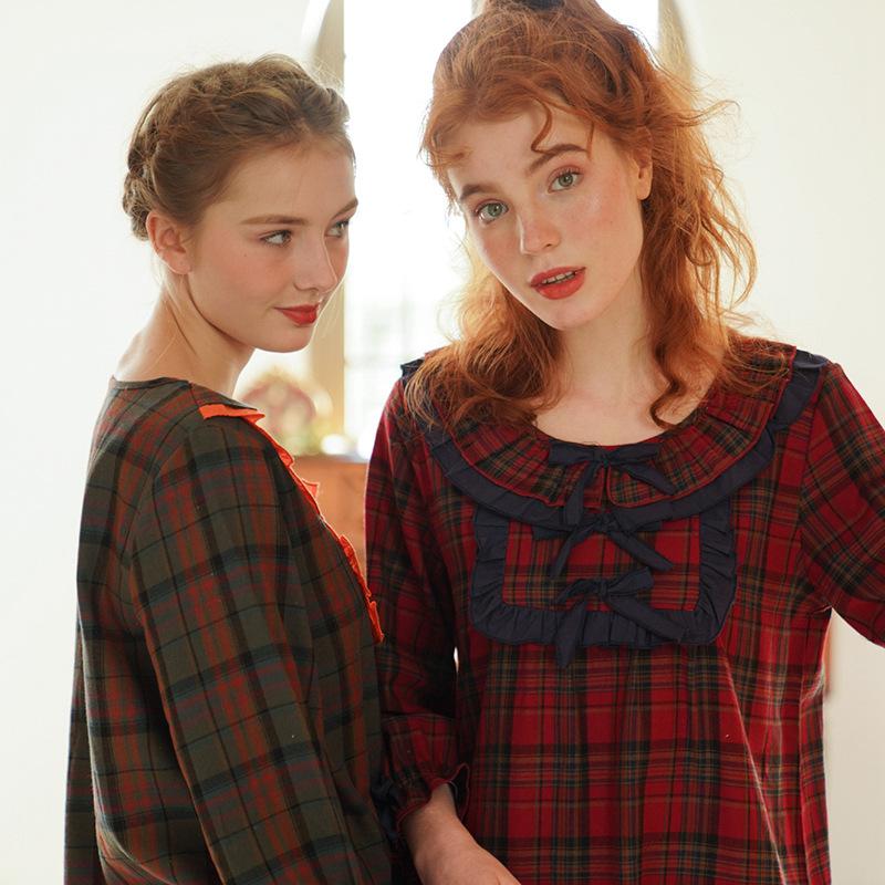 

Spring Autumn Pajamas Women's Cotton Ladies Pajamas Long-sleeved Court Bow Tie Casual Female Homewear Suit, Photo color b