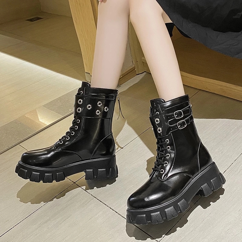 

New Black 2021 Chunky for Woman Punk-style Ladies Fall Zip Back Short Cross-tied Boots -43 Shoes DGOU