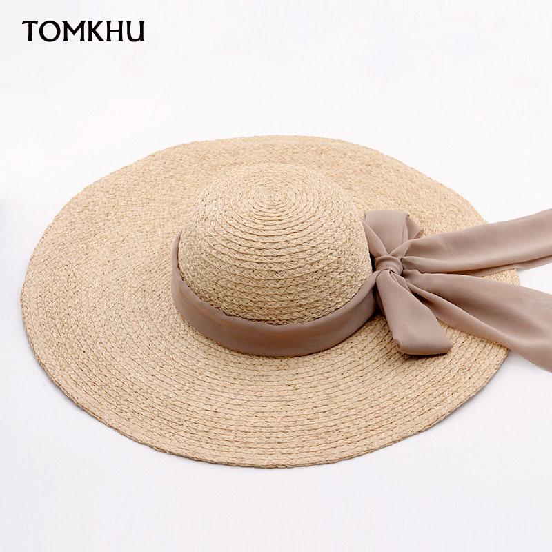 

2021 New Sun Protection Chiffon Wide Brim Cap Hand Made Raffia Hats Summer Female Outdoor Beach Travel Bow Straw Bonnet Enfant, Black