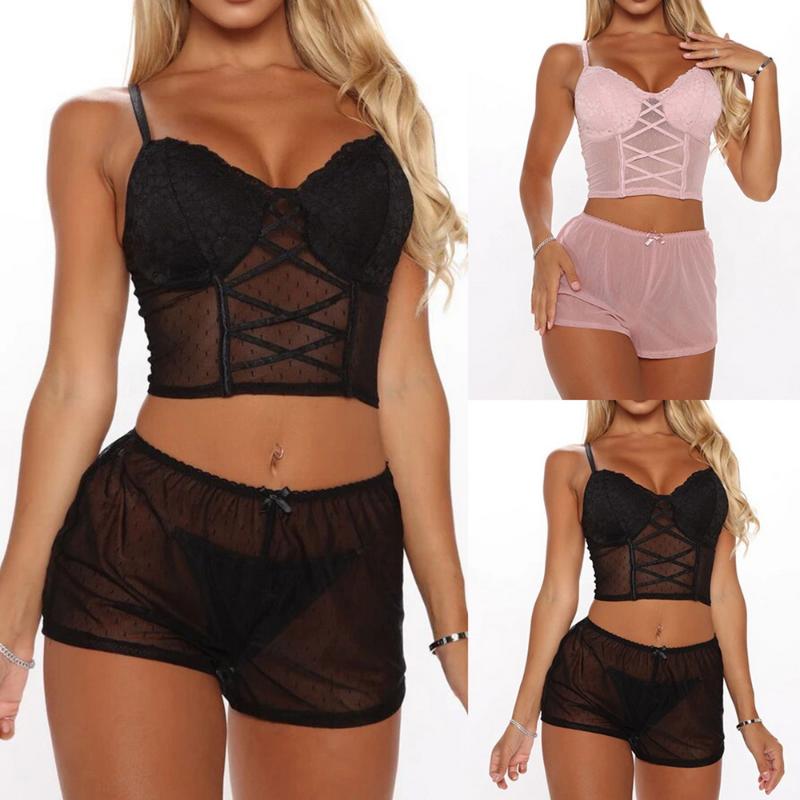 

2PCS Sexy Lingerie Breathable Lace Perspective Solid Sleepwear Camisole Shorts Women'S Pajamas Set Intimate, Black