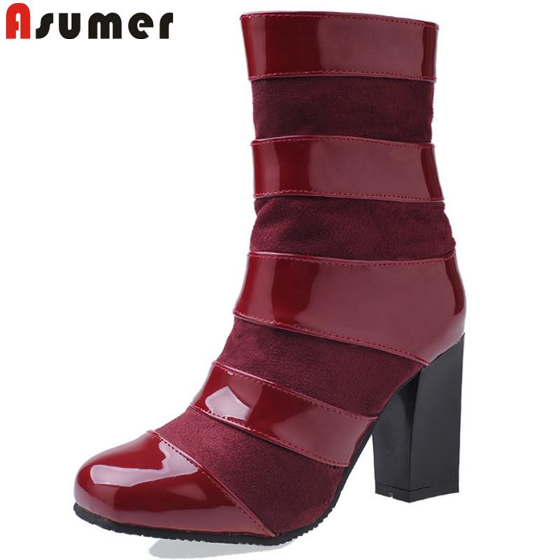 

ASUMER plus size 34-47 fashion autumn winter boots women round toe ankle boots pu+flock thick high heels ladies shoes, Black