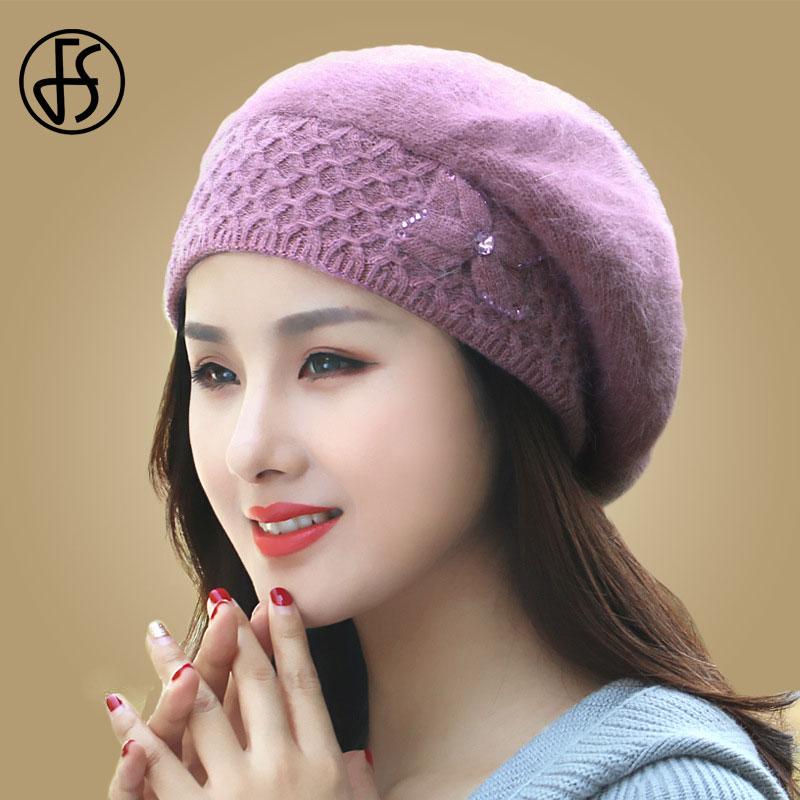 

FS Winter Hats For Women Beanie Fur Knitted Caps Flower Gorro Double Layers Thermal Warm Snow Caps Berets Femme Hiver, White