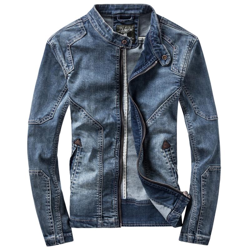

Men's Jackets Denim Men Dark Blue Casual Coat Standing Collar Long Sleeve Bomber Jacket Retro Motorcycle Coats