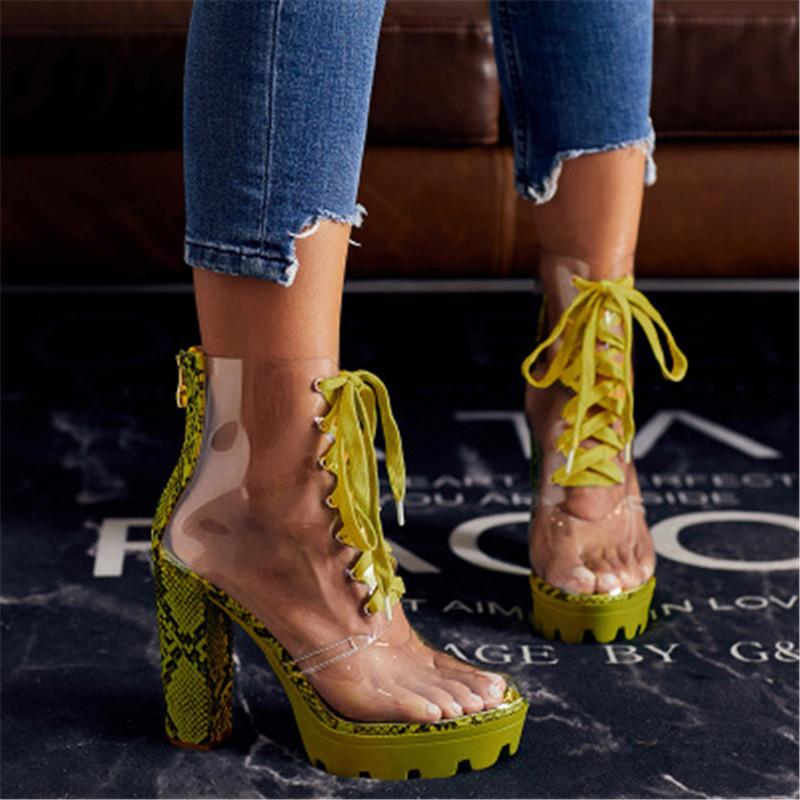 

Siddons 2020 PVC Transparent Women Summer Ankle Boots Lace Up Sexy Chunky High Heels Snake Prints Ladies Shoes Woman Rain Boots, Green