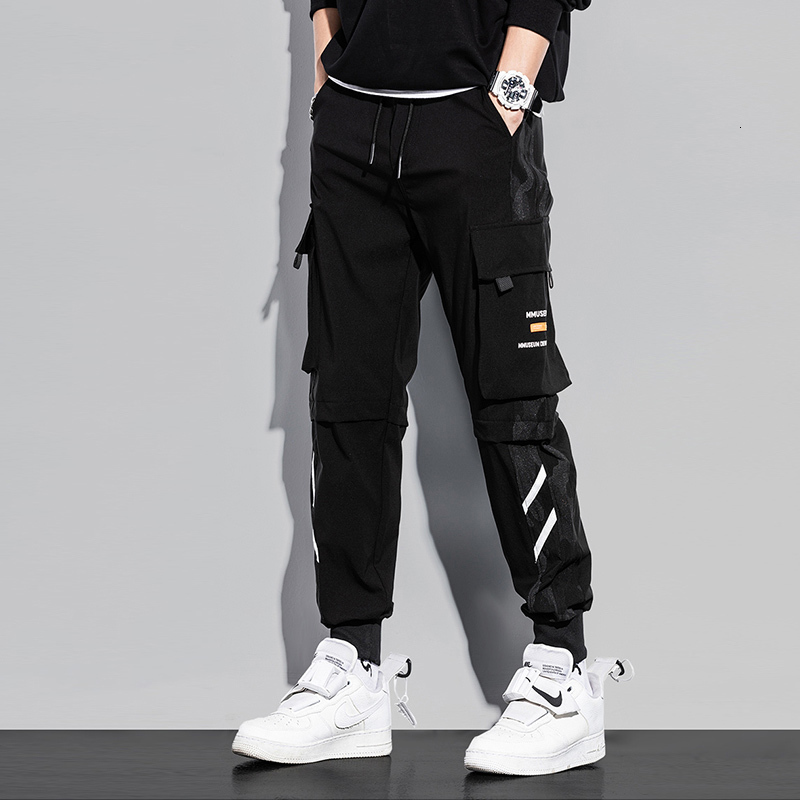 

2021 New Fashion Streetwear Casual Cargo Pants Men Loose Fit Big Pocket Spliced Designer Overalls Wide Leg Baggy Trousers Hip Hop Joggers Kh, Black