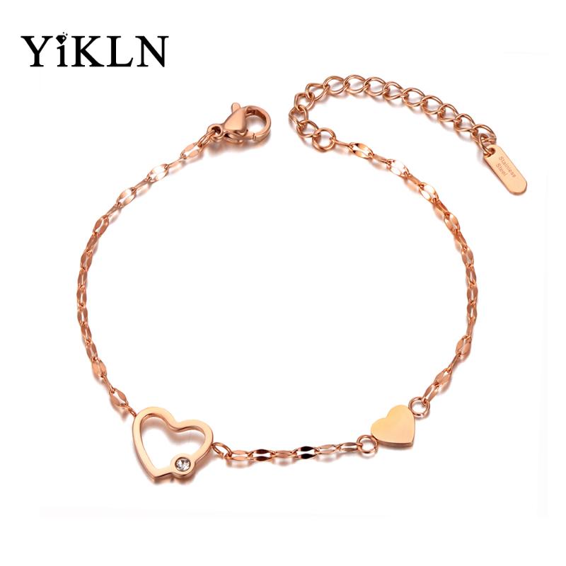 

YiKLN Rose Gold Stainless Steel Love Heart Charm Bracelets Bangle For Women Girl Bohemia CZ Crystal Chain Link Bracelet YB20033