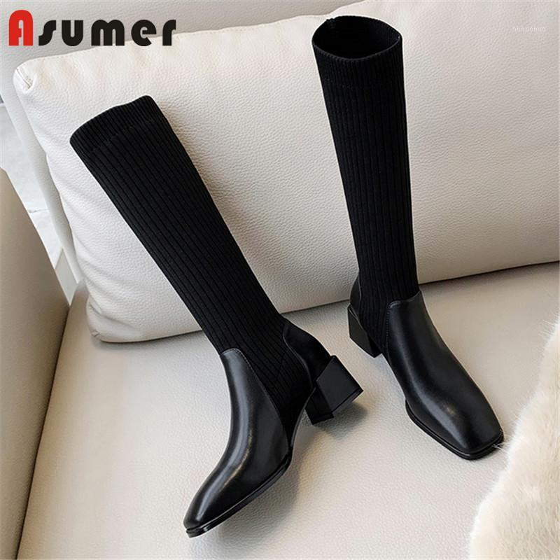 

Asumer Hot Sale Genuine Leather Shoes Women Knitting Stretch Boots Square Toe Autumn Winter High Heels Women Knee High Boots1, Brown