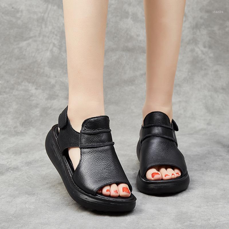 

OUKAHUI Summer Genuine Leather Flat Platform Sandals Women 2020 Hook Loop 5.5CM Platform Peep Toe Women Sandals Gladiator Female1, Black