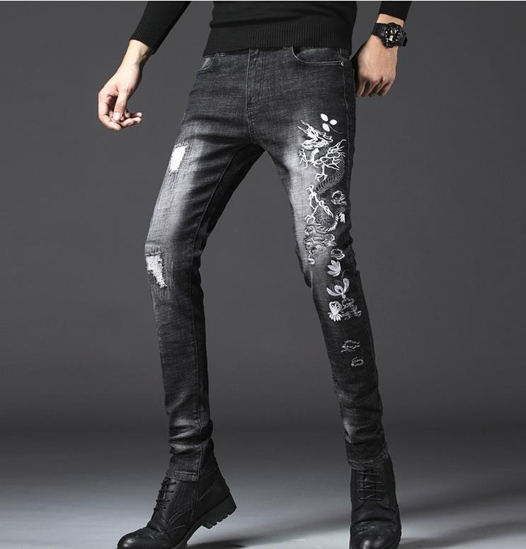 

Dragon Men's Fashion Embroidered Jeans Male Distressed Hole Slim Denim Pants Elastic black Long Trousers 906, As pic