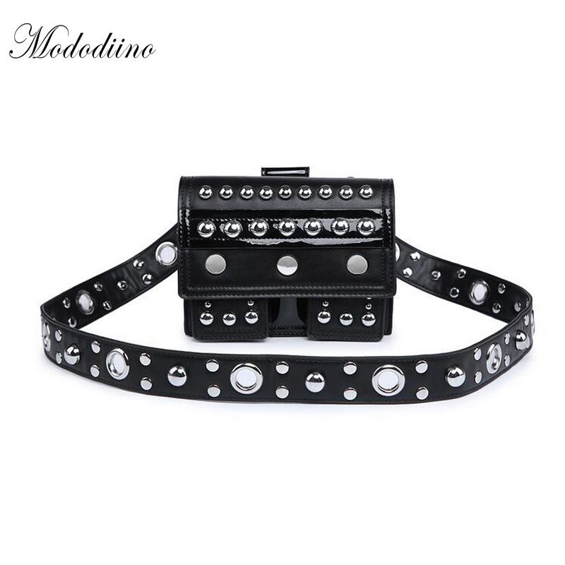 

Mododiino Rivet 2020 Mini Waist Packs Fashion Casual Black Shoulder Bags Multifunction Womens Bags PU Leather Belt DNV0372