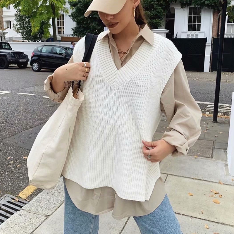 

2021 New Autumn Winter Sweater Women Knitted Fashion Casual Thick Sleeveless Sweaters Vest Solid V-neck Warm Ladies Pullover Sxsg, Black