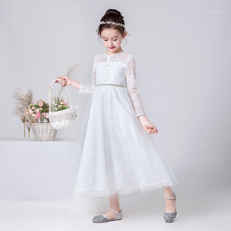 

Girls Princess Dress Long Elegant Formal Pageant Gown With Sleeves White Lace Flower Girl Dresses For Wedding Birthday Party New1, As picture