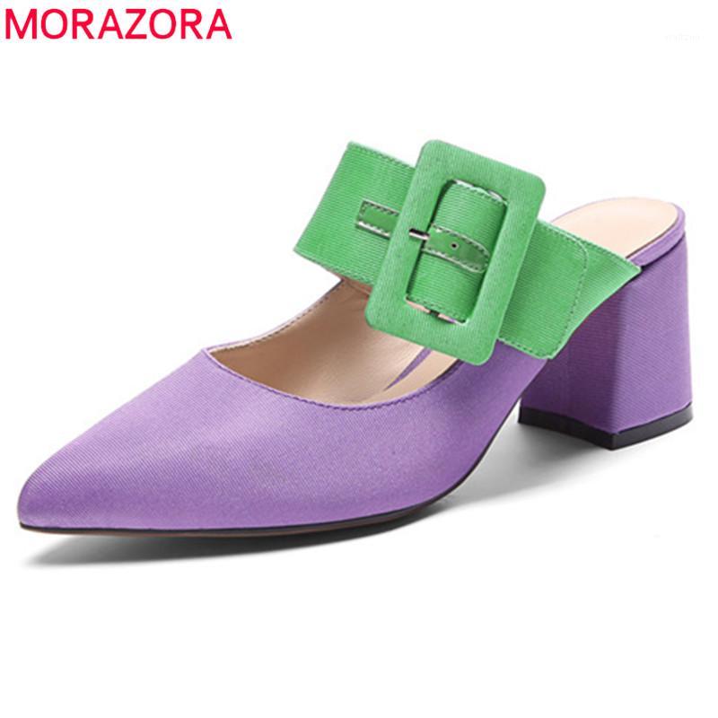 

MORAZORA 2020 newest women pumps silk pointed toe buckle square high heel party wedding shoes ladies mules shoes big size 421, Purple