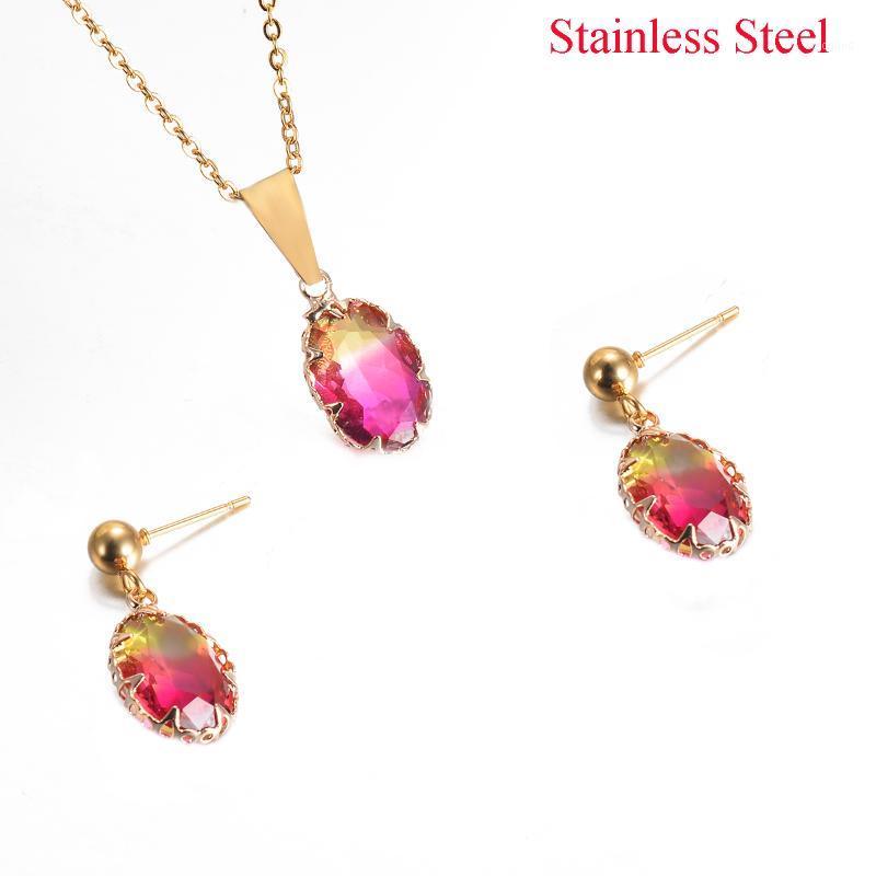 

Earrings & Necklace Gold Plating Stainless Steel And Jewelry Sets Colorful Glass Tear Drop For Women With 20" Chain1, As pic