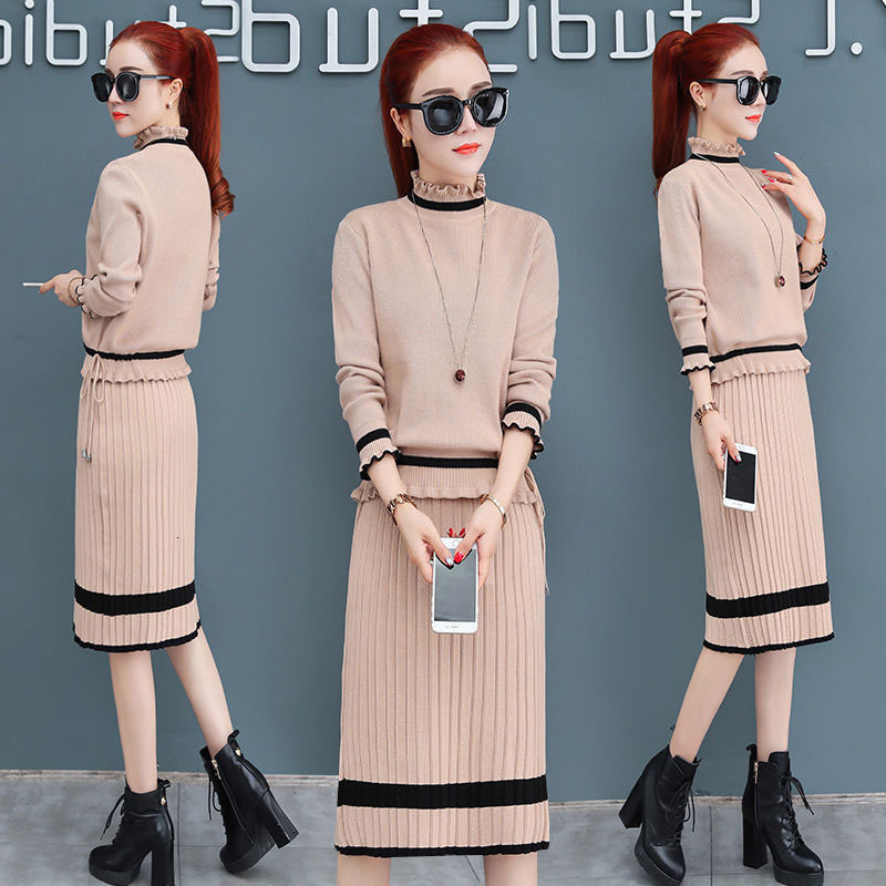 

Spring Autumn 2 Knitted-out Suit Superior Female Korean Fashion Set New Temperament Girl Thin Two Sets Skirt R641 Hfn4, Black