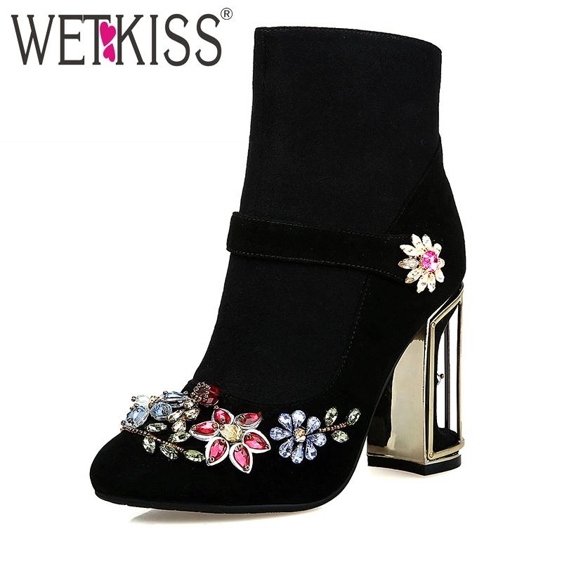 

WETKISS New Arrival Brand Design Floral Crystal Autumn Boots Bird Cage High Heel Party Shoes Woman Natural Leather Ankle Boots, Black