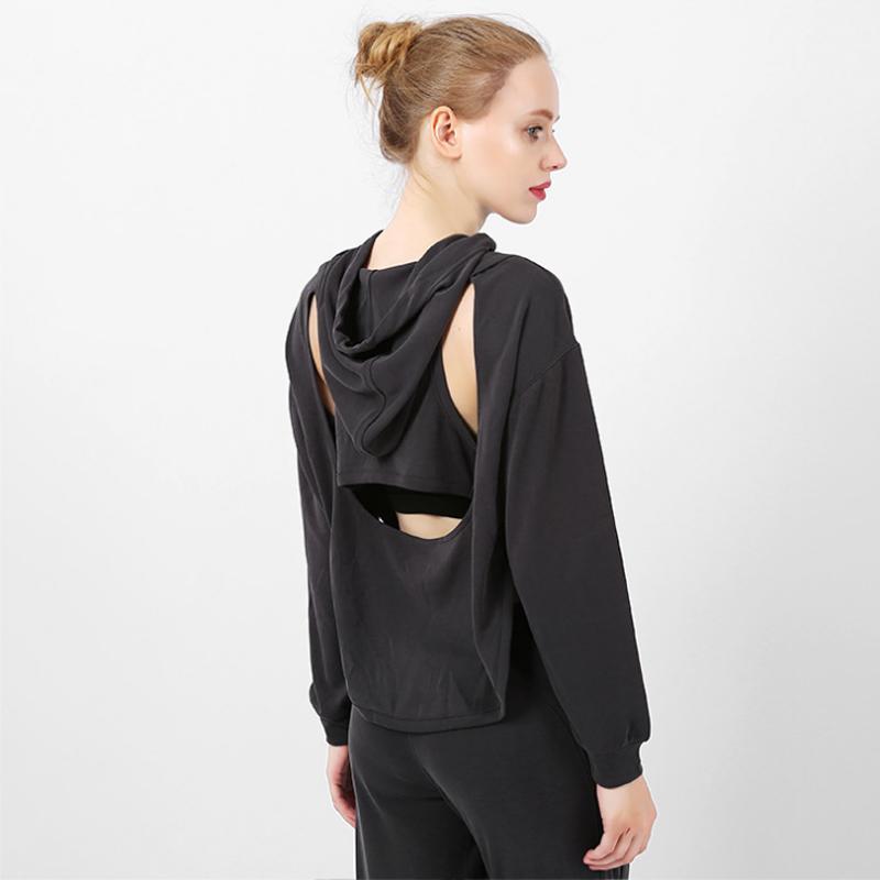 

Spring, autumn and winter new loose sports long sleeves women's hooded yoga clothes suit tops wear running fitness wear blouse1, Black