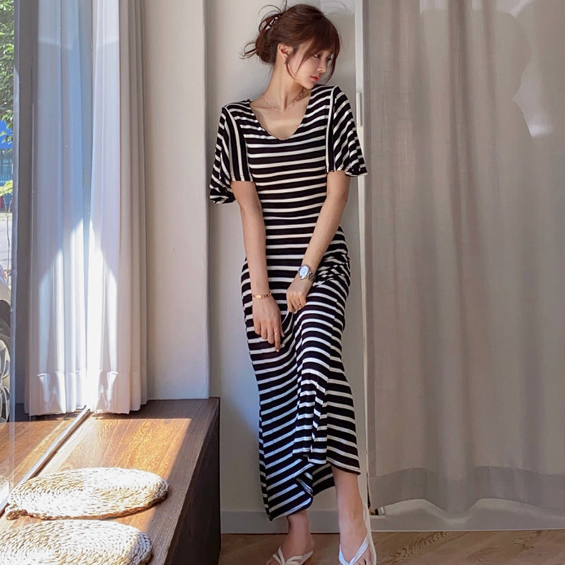 

2021 New Women Casual Striped Short Sleeve Beach Bohemian Maxi t Shirt Streetwear Summer Z493, Blue stripes