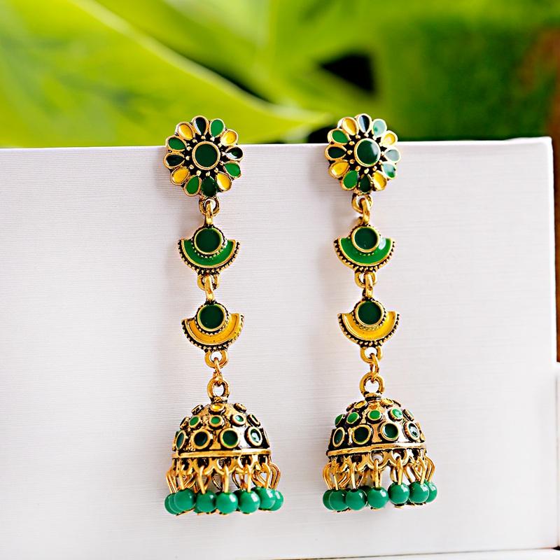 

Retro Elegant Women's Afghan Green Flower Earrings Ethnic Gypsy Gold Jhumka Beads Wedding Earrings Jewelry Bijoux