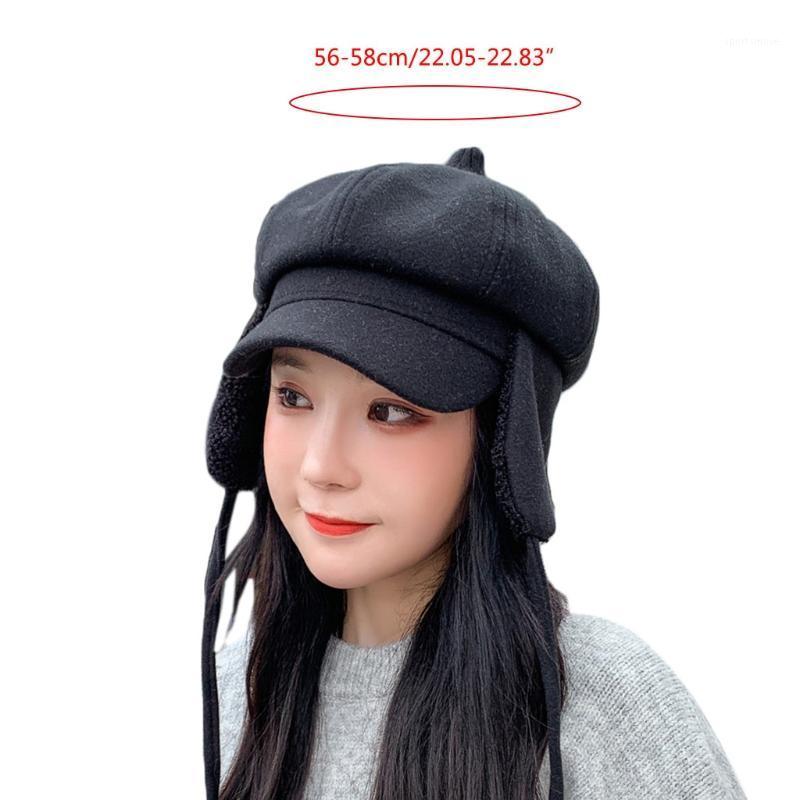 

Women Winter Octagonal Beret Cap with Plush Lining Earflap Chin Strap Visor Hat J78E1, Black