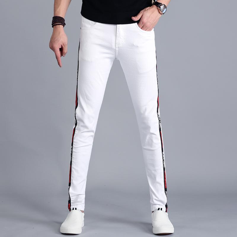 

Side Korean Style Men Stripe White Jeans 2020 Summer Thin Jean Trousers Fashion Cotton Slim Fit Stretch Denim Pencil Pants