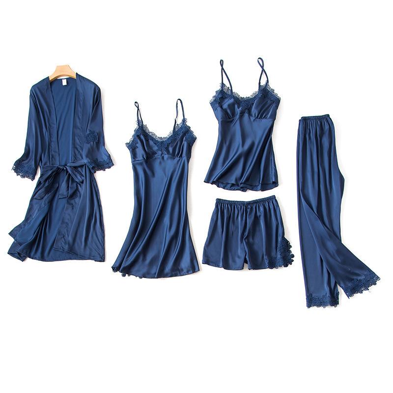 

5PCS Pajamas Set Nightdress Home Wear Robe Sexy Women Lace Sleeve Sleepwear Negligee Navy Blue Elegant Kimono Bathrobe Gown, Black