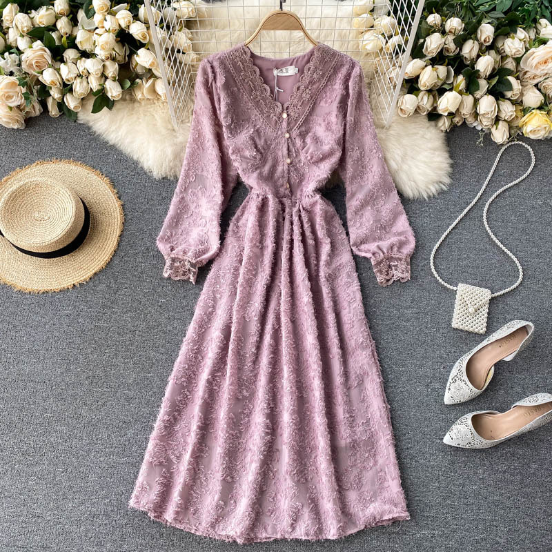 

2021 New women in sexy lace puff to line dressed up autumn solid party elegant long dress 1RO1, Purple