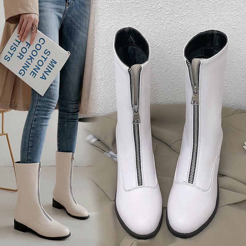 

Boots Fashion High Quality Women Comfortable Chunky Heels Front Zipper Ankle Round Toe Shoes Autumn Winter Plus Size 32-431, Black