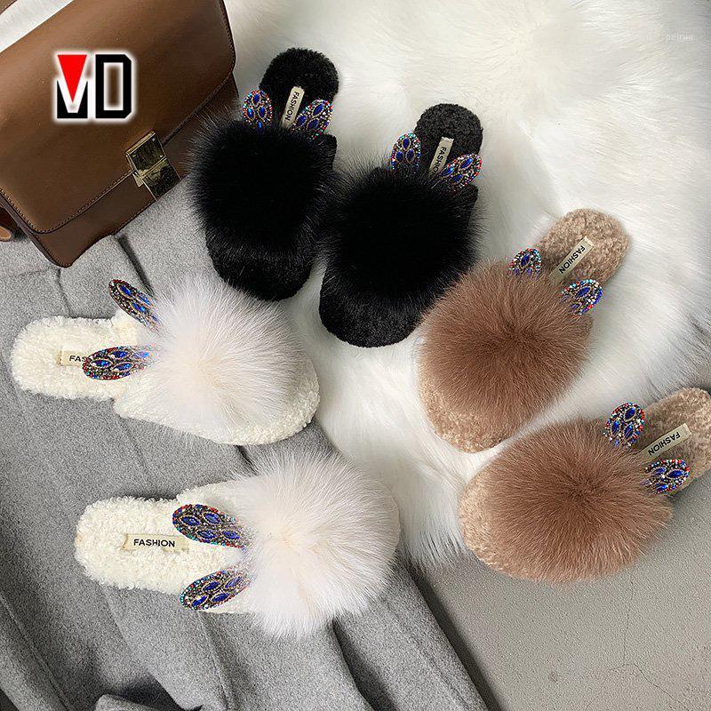 

Women Slippers Rabbits Plush Fluffy Ball Winter/Autumn Faux Jewels Fashion Shoes Flat Outdoor Indoor Fur Warm Bling Cute Cartoon1, White
