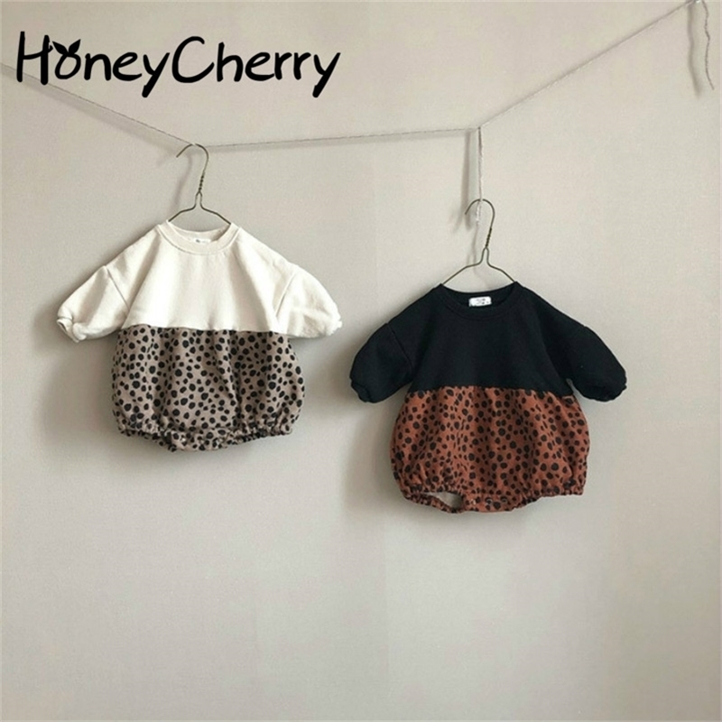 

Girl Bodysuits Leopard Print Plush One-piece Baby Fashion Pattern Splicing Package Little Girls Clothing 201216, Black