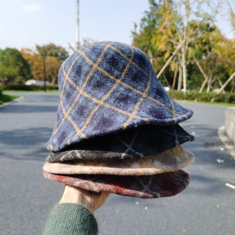 

autumn winter Korean fashion Japanese Wool Plaid fisherman's hat warm and thickened British retro woolen basin hat