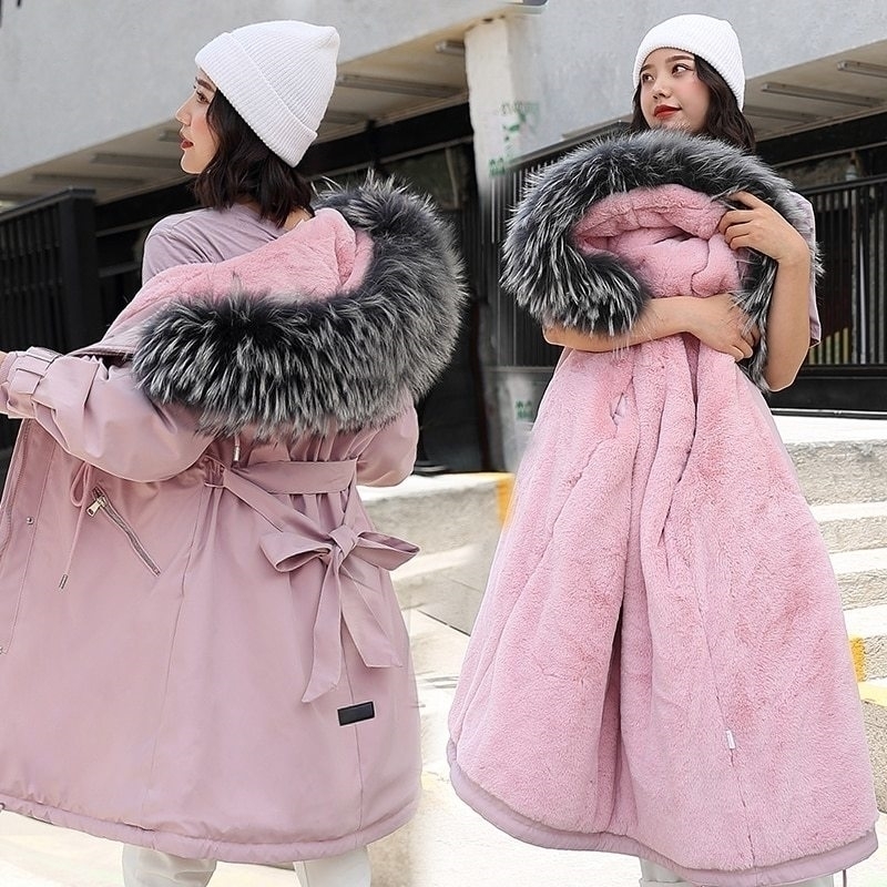 

Fashion Long Lamb Hair Liner Parker Cotton Jacket Coat New Warm Women's Winter Jackets Belt Big Faux Fur Coats Parkas 201127, Pink