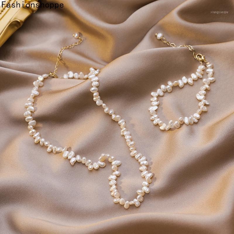 

Fashion Baroque Pearl Necklaces Bracelet Set Choker Jewelry Women Irregular Pearls Elegant Natural Freshwater Chokers, Golden;silver
