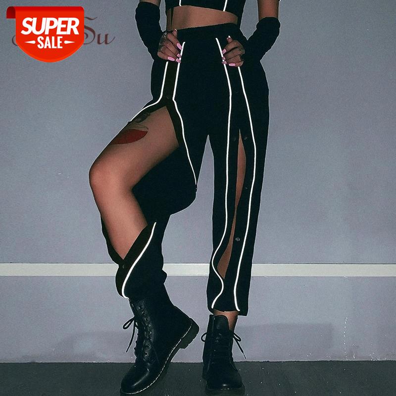 

ArtSu Striped Reflective Pants High Waist Sweatpants Sexy Black Trousers Women Harajuku Pants Joggers Punk Streetwear ASPA20232 #gf42, Black;white