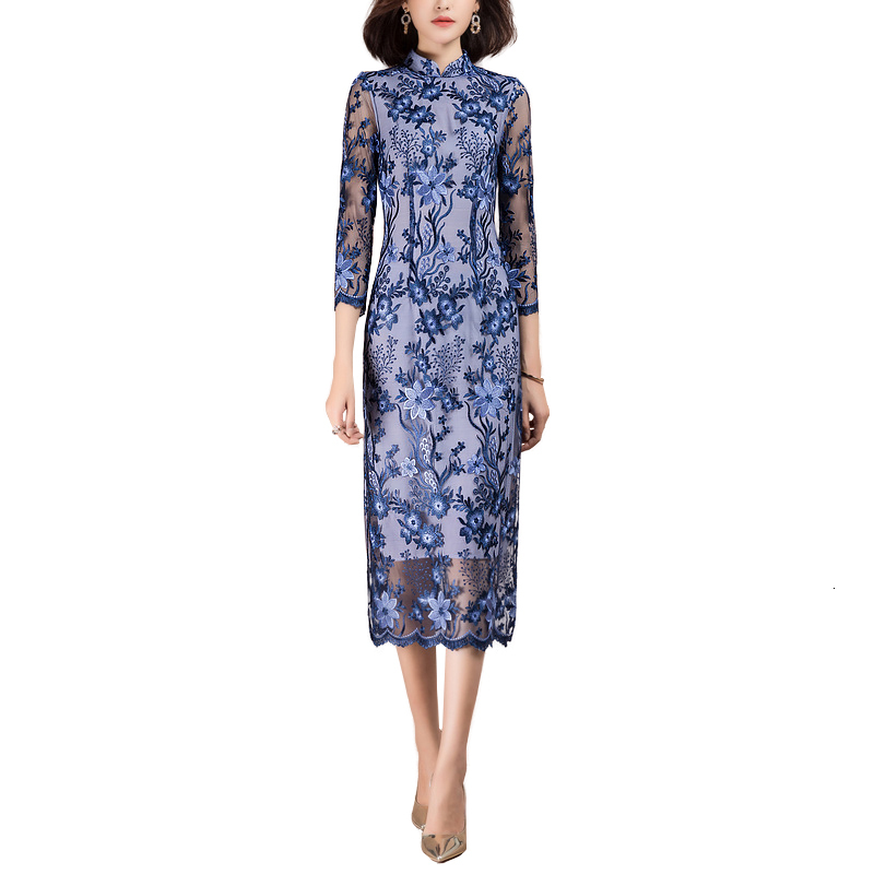 

New Chinese Cheongsam Style Dress Long in Women' Floral B26e, Blue