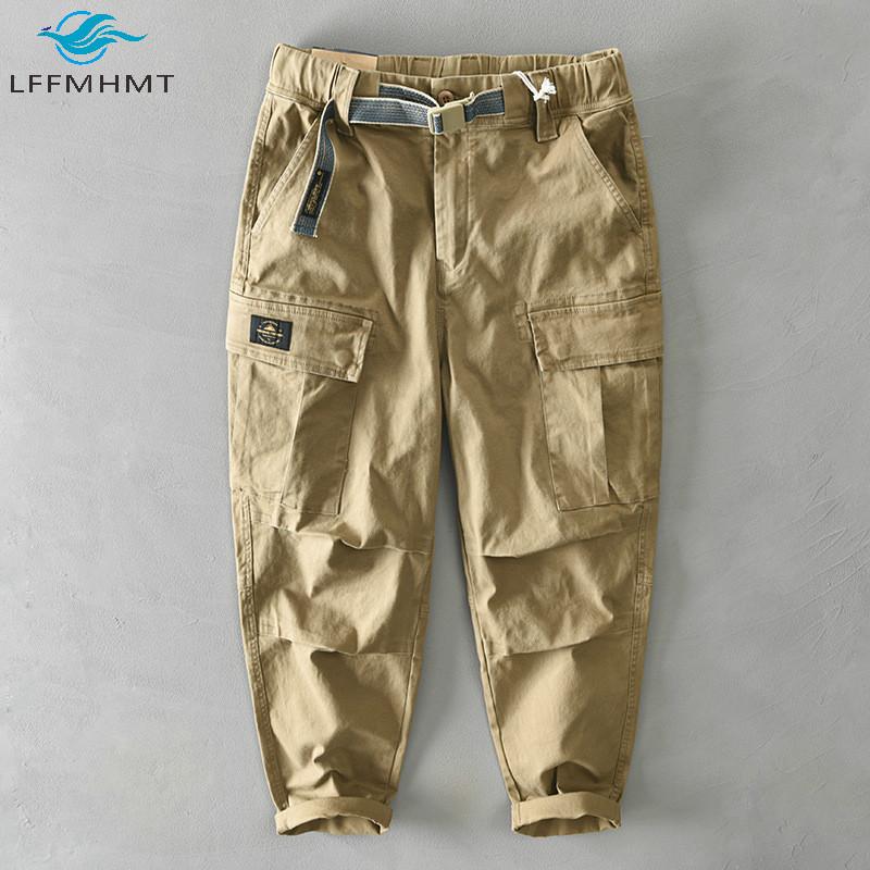 

Men Spring Fall Solid Color Khaki Army Green Overalls Pants Multiple Pocket Elastic Waist Belt High Quality Casual Cargo Trouser