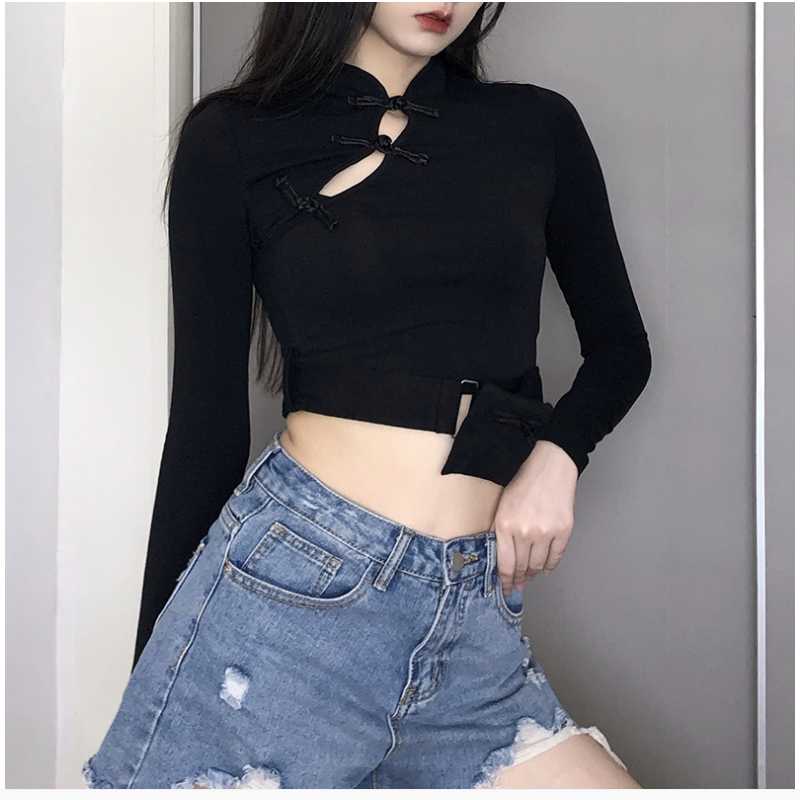 

Women' Retro Chinese style buckle yoga sports top outdoor running waist bag T-shirt breathable fitness training suit, Black