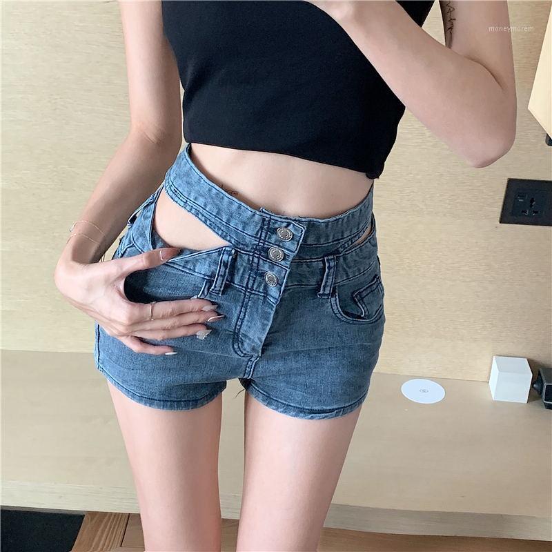 

High waist abdomen denim shorts summer double waist sexy pants slimming bag hip hot shorts1, Blue