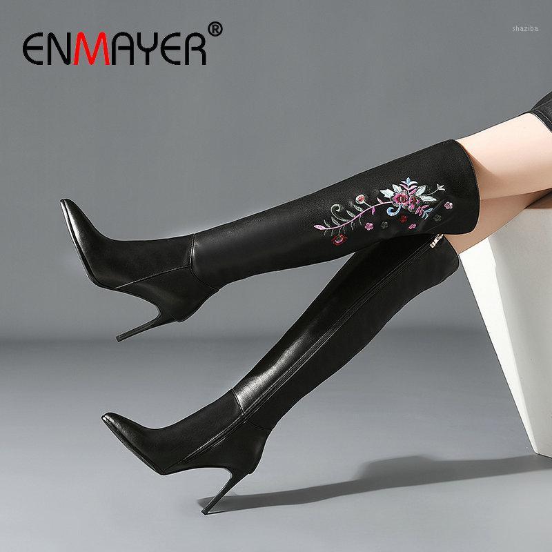 

ENMAYER 2020 Boots Women PU Thin Heels Women Winter Boots Pointed Toe Basic Over The Knee Zip Shoes Size 34-391, Beige