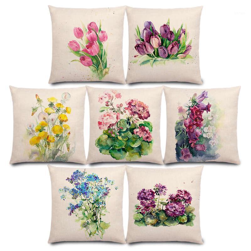 

New Watercolor Flowers Bluebells Geranium Cornflowers Hollyhocks Bouquet Floral Aquarelle Cushion Cover Sofa Pillow Case1, A030822