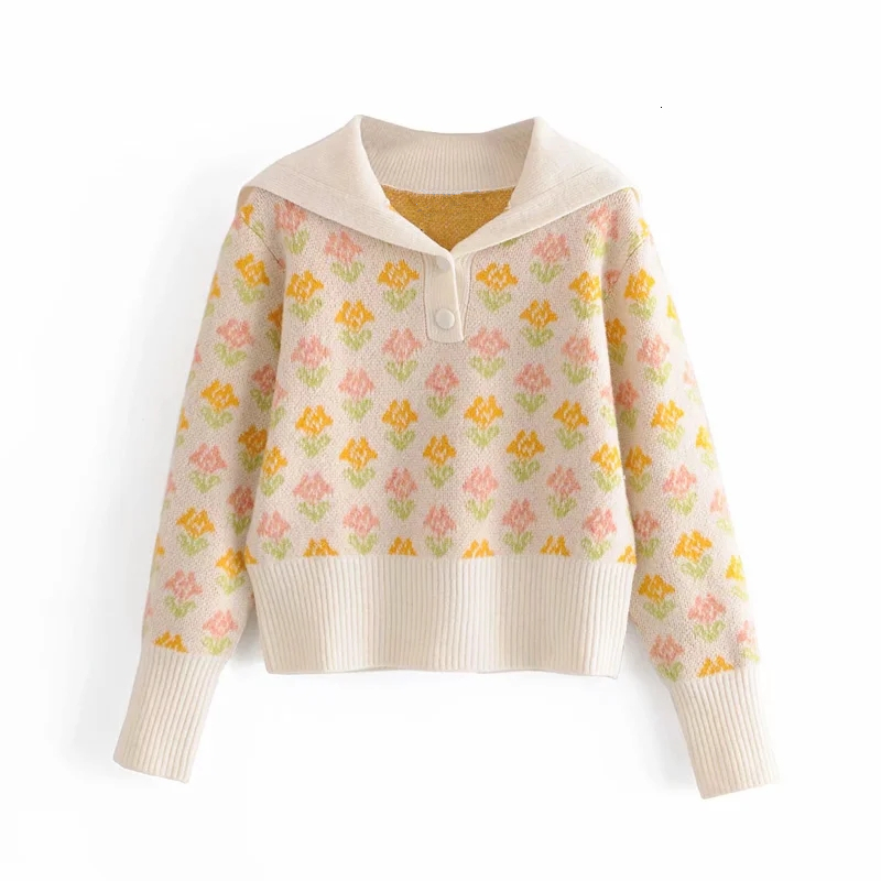 

2021 New Fall Special Edition Printed Cropped Knitted Sweater Women Vintage Long Sleeves Designer Sweaters Ladies Kawaii Pullover Osag, Beige