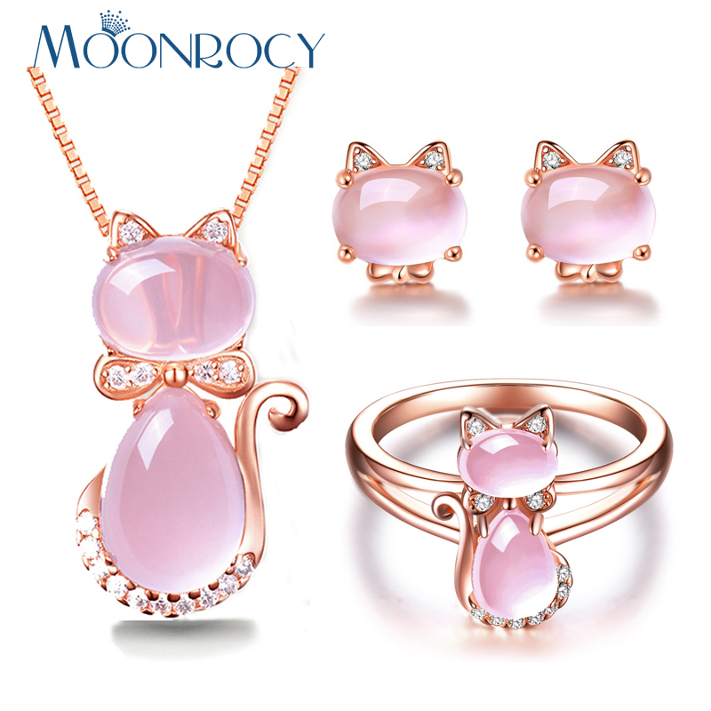 

MOONROCY Rose Gold Color CZ Crystal Ross Quartz Pink Opal Necklace Earrings and Ring Jewelry Set for Cute Cat Jewelry Women 201222