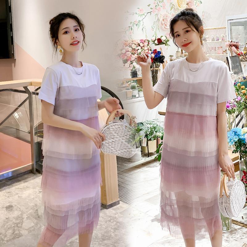 

312# Maternity Dress Summer nursing Chiffon rainbow Short Sleeve Loose Stylish Dress for Pregnant Women Mom1, The picture color