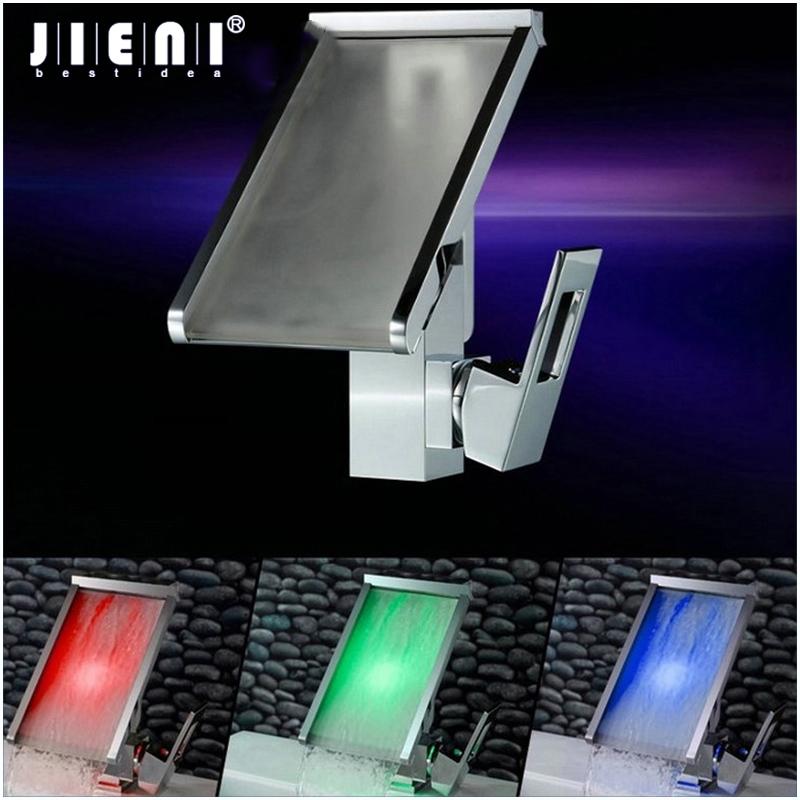 

JIENI Soild Brass Waterfall Bathroom Basin Led Faucet Water Power Basin Mixer Chrome 1 Handle Faucet 3 Colors Change LED Tap