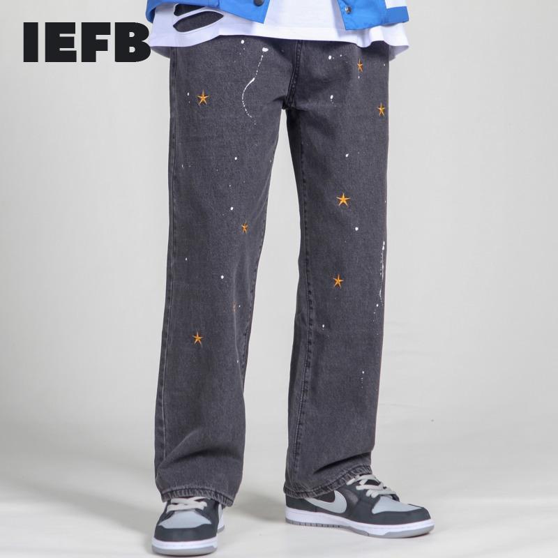 

IEFB / men's wear street splash-ink embroidered loose jeans trendy straight vintage dad pants men hip hop denim trousers 9Y4180, Black