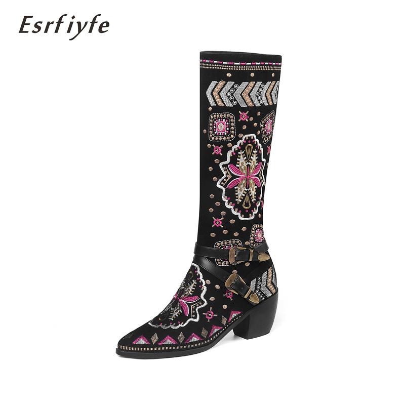 

ESRFIYFE 2020 New Print Leather Winter Boots Womens Knee High Boots Pointed Toe Block High Heels Long Black Shoes