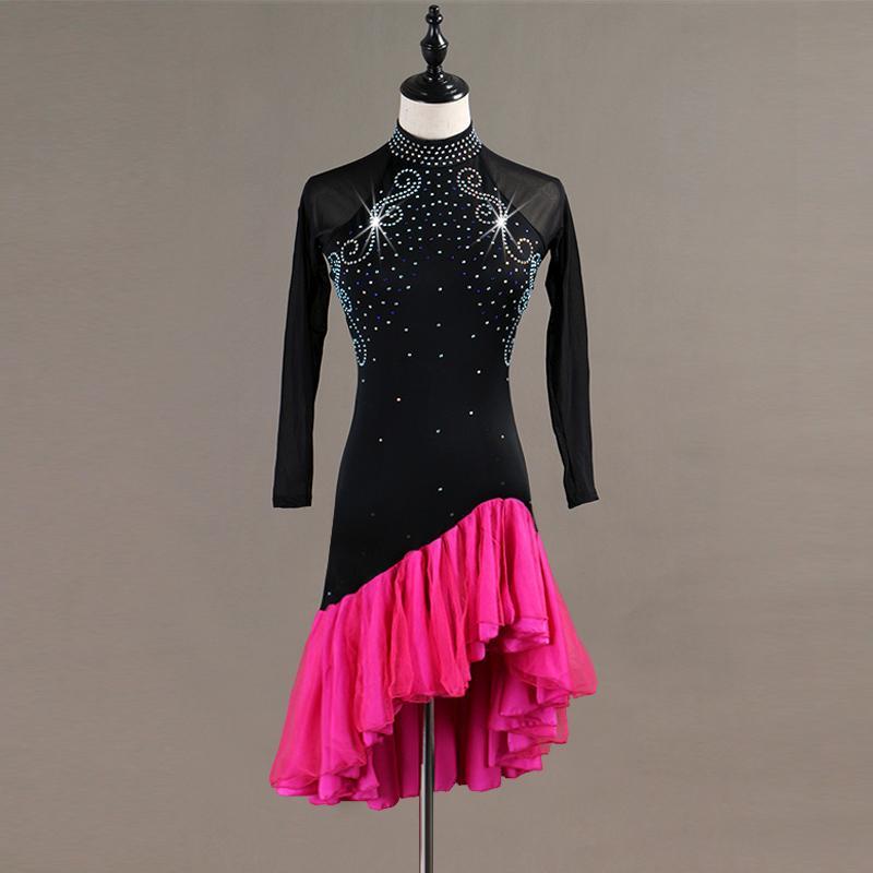 

Custom Women Latin Dance Dress Long Sleeve Cha Cha Samba Rumba Salsa Competition Dresses Rhinestone Performance Dancing, Black