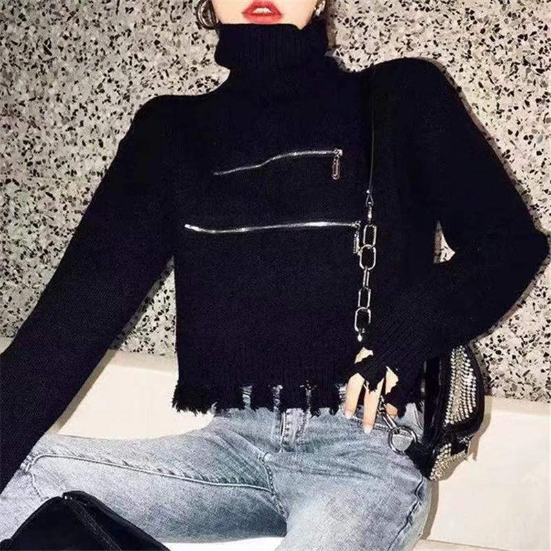 

Casual Turtleneck Long Sleeve Oversized Tassels Sweater Women Autumn Winter Zipper Knitted Loose Pullover Ladies Jumpers 20201