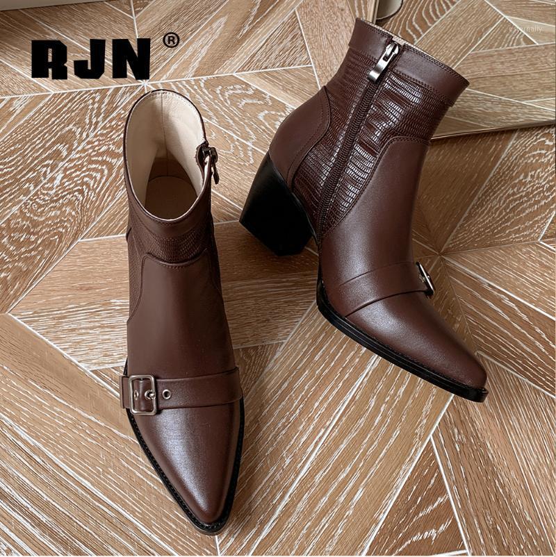 

RJN Stylish Ankle Boots Belt Buckle Decoration Sexy Pointed Toe Zipper Mid-Heel Women Shoes Handmade Genuine Leather BootsRO1991, Brown short plush